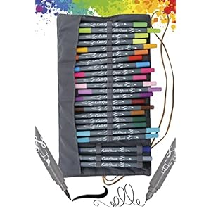 Parure Calli.Brush, set de 24 stylos feutre calligraphie avec deux côtés (côté calligraphie de 2 mm et côté pinceau flexible) pour handlettering/bullet journaling/écriture créative, en pochette