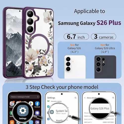 Image of VONZEE Compatible with Samsung Galaxy S26 5G Case Luxury Retro Flowers Floral Clear for Magnetic Wireless Charging Case Shockproof PC+TPU Cute Glossy Shiny Cover for Girls Women, Deep Purple