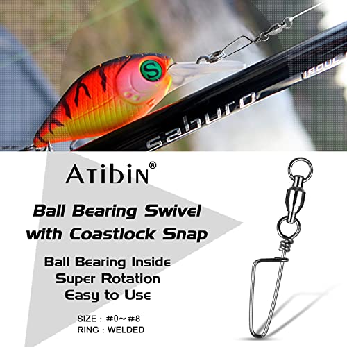 Atibin High Strength Fishing Swivel Freshwater Corrosion Resistance Fishing Snap Swivel Stainless Lock Snap Swivels Steel Ball Bearing Black Nickel 25Pcs 76Lbs #TOP1
