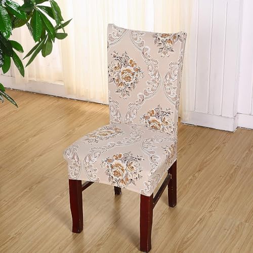 Image of House of Quirk Elastic Chair Cover Stretch Removable Washable Short Dining Chair Cover Protector Seat Slipcover (Pack of 1, Beige Iris)