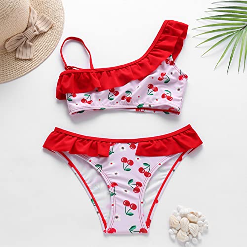 Toddler Girls Cherry Print Beach Two Piece Swimsuit for Girls Kids One Shoulder Ruffled Trim Tops High Waist Bottom2