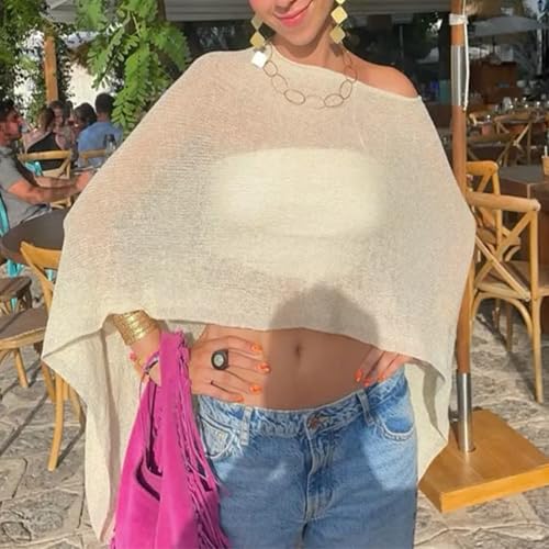 Women Y2K Sheer See Through Knit Poncho Asymmetric Shrug Bolero Beach Cover Up Tops Pullover Crochet Shawls3