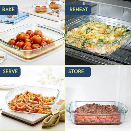Image of Borosil Baking & Serving Dish with Handle | Square Bowl Container | Borosilicate Glass Bakeware and Serveware Casserole Dish Tray | Microwave, Oven & Dishwasher Safe | Transparent (1.6L)