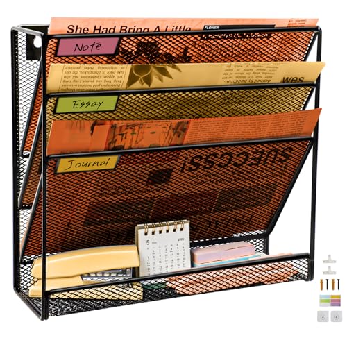 PLSOPPKG Hängeorganizer Wandablagefächer 4 Etagen Wandmontage Schreibtisch Organizer, A4 Zeitschriftenhalter Wand Hängende Wandordner Dokumente Metall Büro Dokument Organizer für Zuhause Großes Gitter