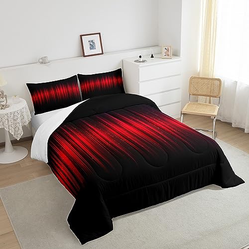 Image of Feelyou Red and Black Comforter Twin, Abstract Ombre Comforter Set Stripes Bedding Set Kids Toddler Red and Black Striped Duvet Set Durable Quilt Set