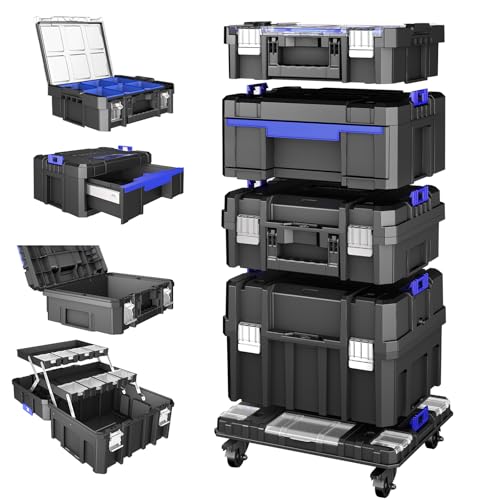 4 Tier Stackable Rolling Tool Box with Wheels | Modular Tool Organizer Box Storage System | Portable Tool Box with Drawers | Tough and Durable | For Garage Storage | Home Repairs | Professional Work