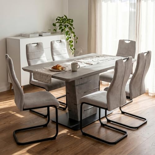 JIEXI Chaises de Salle à Manger, Lot de 6, Tissu Anti-Taches Crème, Cadre Cantilever Noir, Ergonomique, 45x59x99 cm