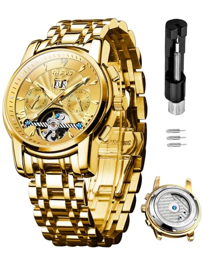 Image of OLEVS Watches for Men Automatic Skeleton 5 Hands Mechanical Luxury Watch Classic Calendar Stainless Steel Waterproof Mens Wrist Watch