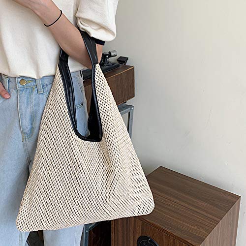 Bolso Tote de Cuero Negro con Asa y Tejido de Paja miniatura 6