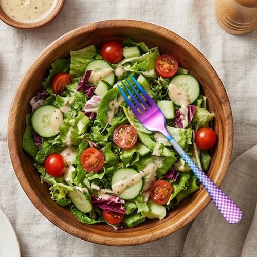 Image of 6.7 inch Rainbow Salad Forks Set of 5 with Checks Printed Handle ? Durable Stainless Steel Salad Forks, Mirror Polished Silverware, Perfect for Home, Restaurant, and Gifting