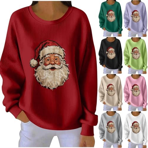 Christmas Sweatshirts for Women Funny Cute Xmas Santa Claus Graphic Pullover Ribbed Knit Tops Fall Clothes