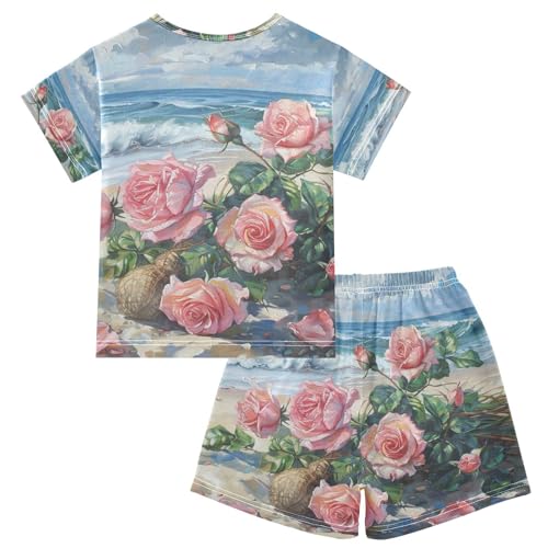 ALAZA Roses on The Summer Beach Pajama Set Short Sleeve Sleepwear Soft Lounge Nightwear2
