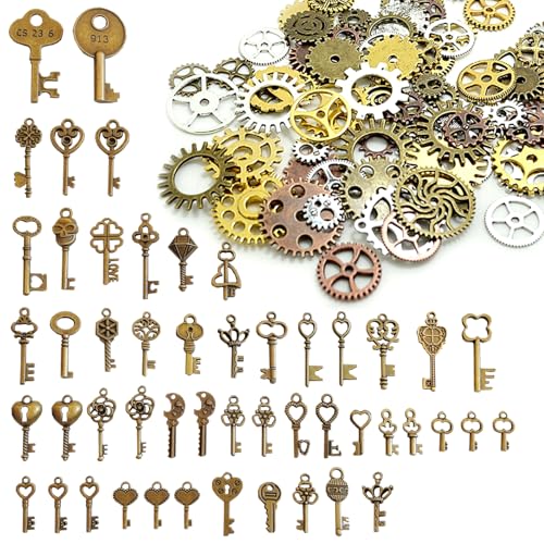 150 Gram Antique Steampunk Gear and Vintage Skeleton Keys DIY Assorted Mix Steampunk Wheel Alloy Cog Gear Pendant for Crafts Jewelry Making