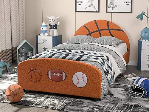 IKIFLY Children Upholstered Twin Bed, Kids Twin Platform Bed Frame with Curved Headboard Footboard, Strong Wood Slats Support, Sport Style Toddler Bed for Boys & Girls, Teens（Basketball Design）