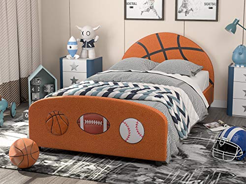 Ikifly Children Upholstered Twin Bed, Kids Twin Platform Bed Frame With Curved Headboard Footboard, Strong Wood Slats Support, Sport Style Toddler Bed For Boys & Girls, Teens（Basketball Design） #TOP23