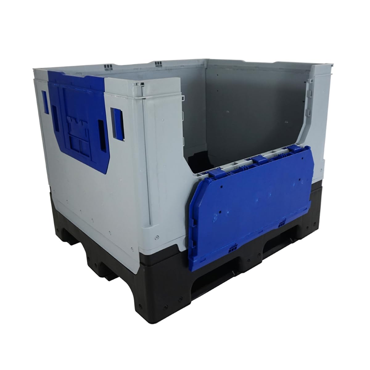 Bigdug Grey/Black/Blue Collapsible Pallet Box - Heavy Duty Plastic Pallet Storage - 975H X 1000W X 1200D Mm - Stackable Box Drop Down Doors (Double Door)