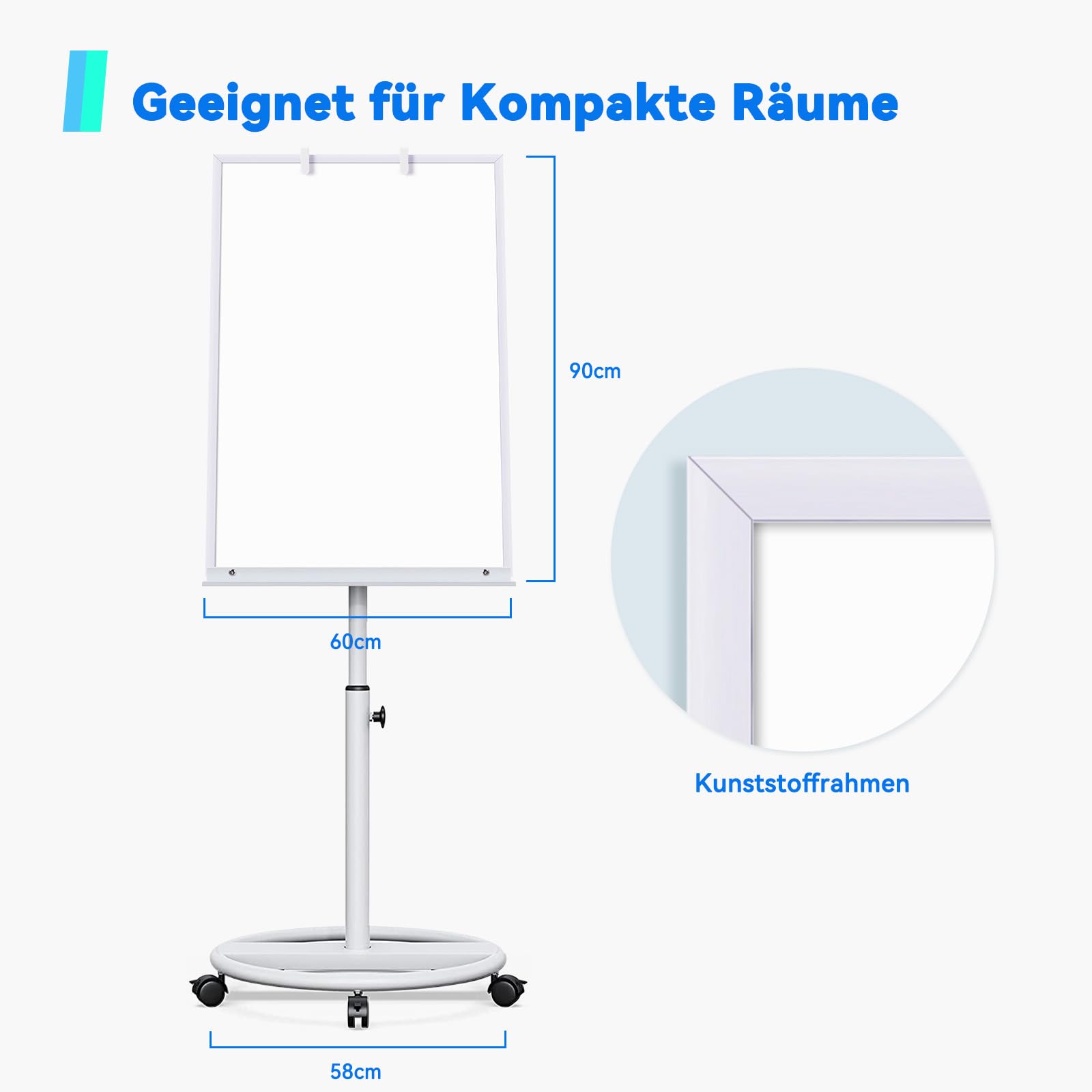 maxtek Flipchart Ständer, 90x60cm Whiteboard mit Ständers, Kunststoffrahmen Flipchart Papier, Magnetisch Höhenverstellbar, Trocken Abwischbar, 1 Radierer, 3 Markern und 6 Magneten