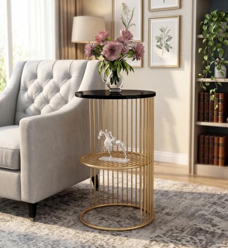 Image of Modern Round Metal Side Table with Storage Shelf Gold Finish Accent End Table | Black Top Sofa Side Table for Living Room, Bedroom, Balcony, Office. Decorative Coffee Table, Nightstand, Corner Table