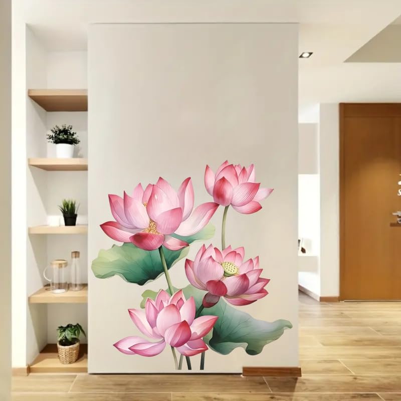 Image of Pink Lotus Flower Wall Decal, Large Floral Wall Sticker, 60 x 62 cm, Decorative Vinyl Art for Home