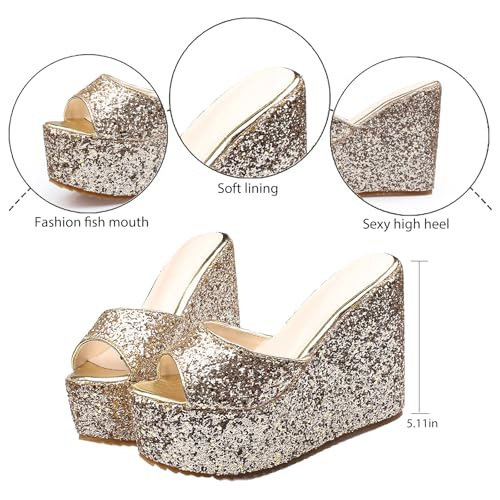 Women'S Sequin Fish Mouth Open Toe Platform Wedge Slide Sandals Fashion Glitter Slip On Comfortable High Heel Dress Mule Sandals Summer Wedding Party Prom Slippers2