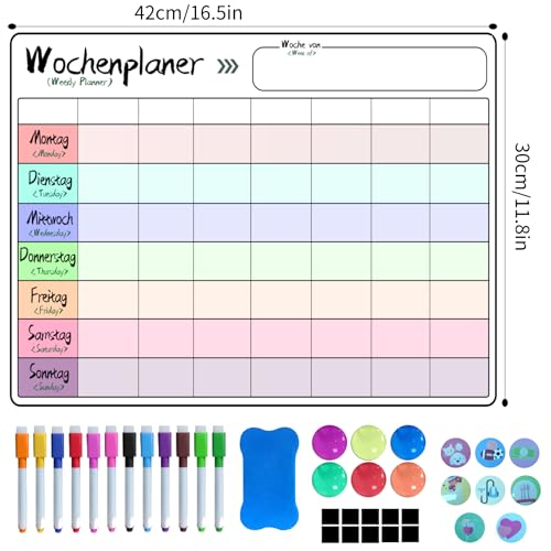 Prelisee Whiteboard Wochenplaner Magnetisch Abwischbar 42×30cm Kann Als Essensplaner Woche,To Do Liste,Haushaltsplaner,Einkaufsliste, Kinder Wochenplaner Abwischbar für Kühlschrank
