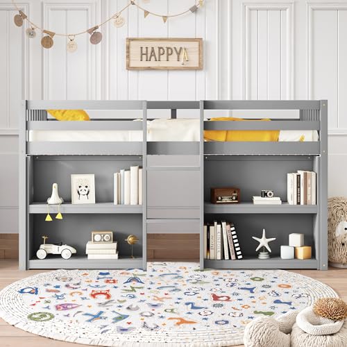 Osparple Twin Size Low Loft Bed, Kids Loft Beds with Stairs and Storage, Wood Beds Frames with Two-Tier Shelves and LED Light for Teens, Girls or Boys, Gray/Grey