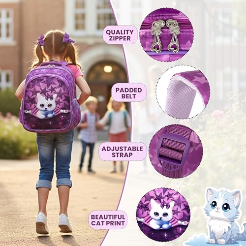 Image of Storite Kids School Bag for Girls | Lightweight Backpack with Star Pattern | Durable Zipper, Spacious Compartments, 3D Kitty Design (Purple-31x13x41 Cm)