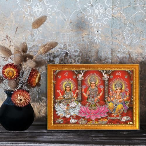 Image of CRAFT QUEST Lakshmi Devi with ganesh ji and saraswati mata Wall Painting Photo Frame for Diwali Pujan (Synthetic, Golden, Sparkle Finish, Small Size, 8 X 6 Inch)