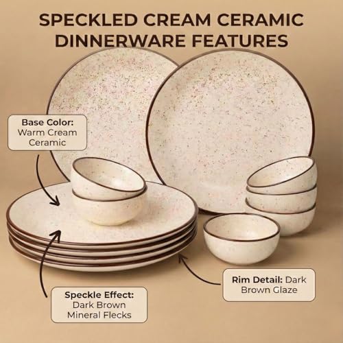 Image of Freakway Rustic Speckled Ceramic Dinner Set - 12 Pc (6 Plates, 6 Bowls) - Beige with Brown Rim