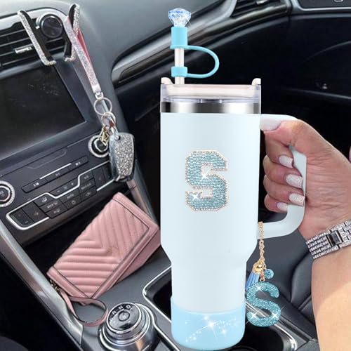 Hpebl 6PCS Blue for Stanley Cup Accessories Set 30/40 OZ Bling Rhinestone Initials Charms for Stanley Decorations Tumbler Accessories Including Diamond Straw Topper, Spill Stopper（Letter K） - image 6