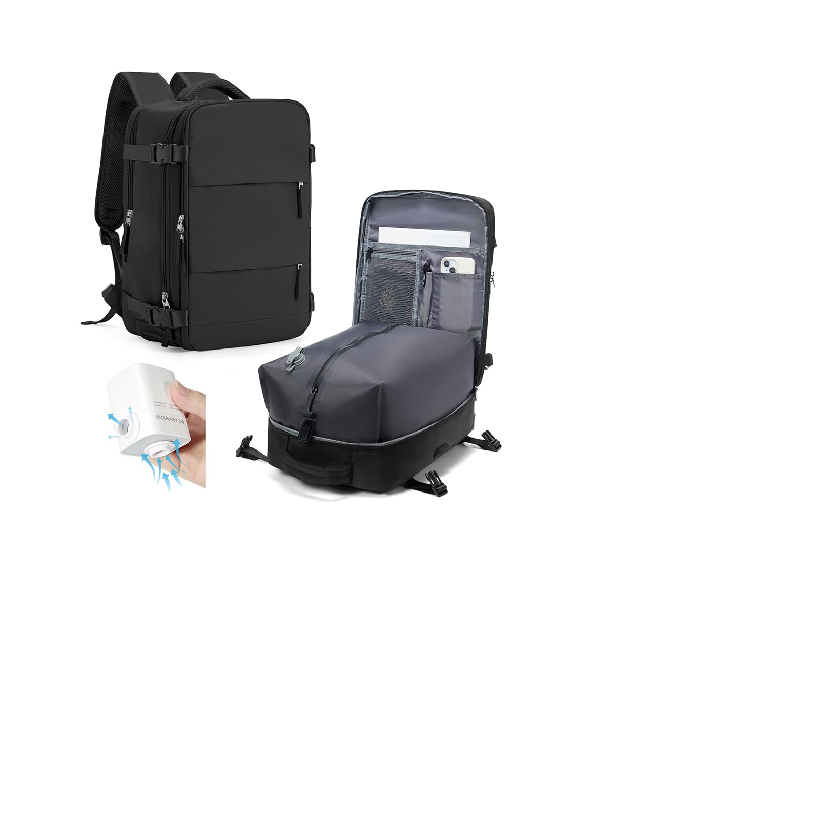 HPLQQ Zaino 40x30x20 per Ryanair Zaino Sottovuoto da Viaggio con Pompa | Aereo Bagaglio a Mano Easyjet Borsa da Cabina per Uomo e Donna Lavoro e Scuola Casual Daypack,L Nero