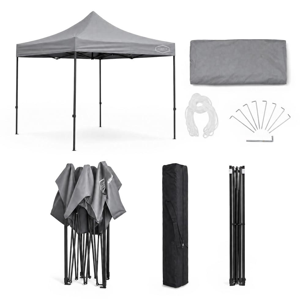HARRIER Pop Up Foldable Gazebo [3m x 3m] – Heavy Duty Waterproof Garden Marquee Canopy Shelter with Carry Bag, Adjustable Heights & Steel Frame for Outdoor Events - 4x Sandbags Included (Grey)