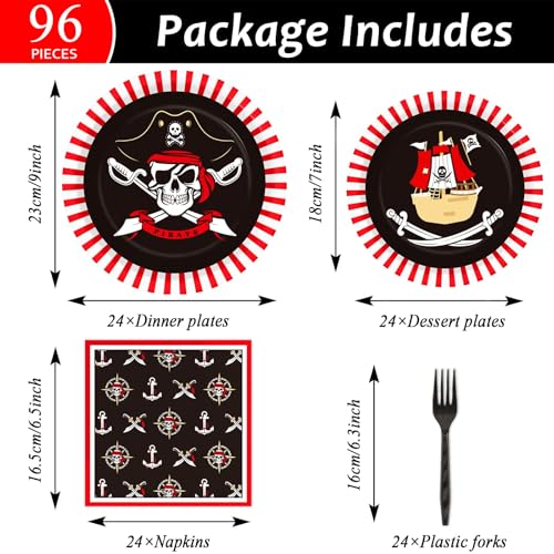 Image of 96pcs Pirate Birthday Tableware Set Pirates Party Paper Plates and Napkins Decorations Pirate ship Bone Disposable Dinnerware Supplies for Adult Teens Kids Birthday Party Favor, Severs 24