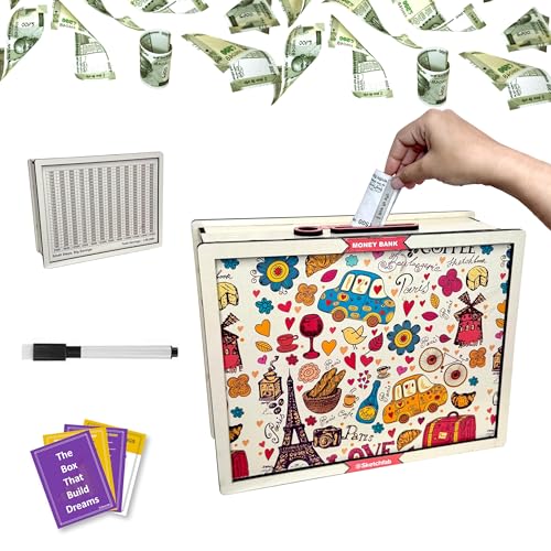 Image of Sketchfab Money Saving Box for Adult 100000, Wooden with Savings Tracker Bank Kids, Smart Piggy Bank, Box, Coin Box,Gullak Saver,Piggy Rs100000 Home Deal Gift Man, Women (Printed Cream)