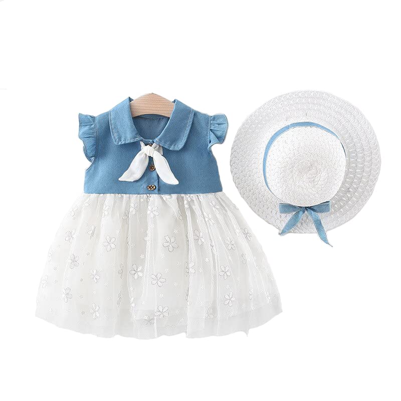 Image of Bold N Elegant Cap Sleeve Denim Embroidered Midi Party Dress Frock with Hat Dress for Infant Toddler Girl Baby Girl