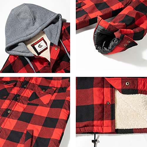 Image of COEVALS CLUB Men's Flannel Fleece Sherpa Quilted Lined Plaid Snap Work Shirt Jacket /Hooded