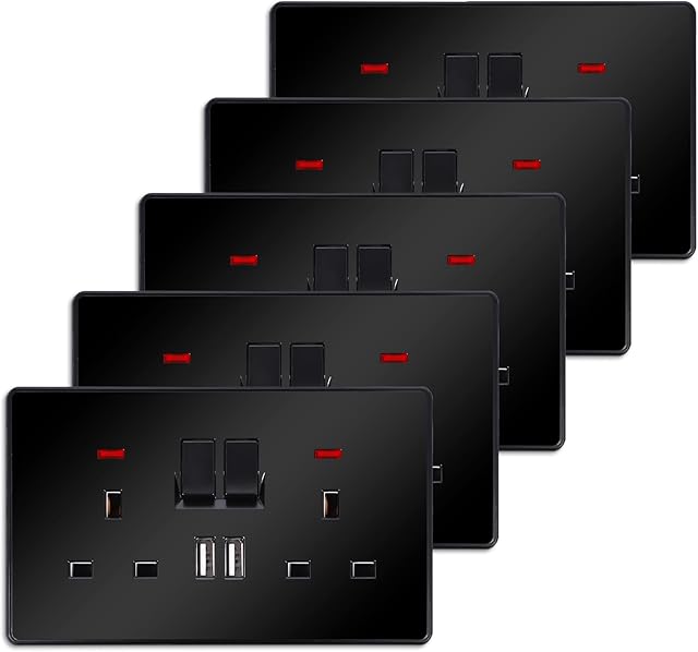 JIMEIDA 5 Pack Double Switched Socket 13 Amp with 2 USB Charging Ports 2 Gang Black PC Plate Wall Outlet Electric Power Socket