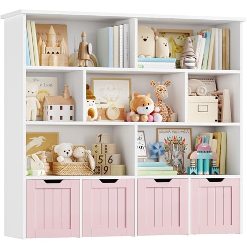 FOREHILL Mueble Almacenaje Juguetes, Mueble Juguetes Organizador, Estanteria Montessori, Estanteria Infantil, Libreria Montessori Infantil, con Ruedas, para Habitación Infantil, Salón (Blanco y Rosa)