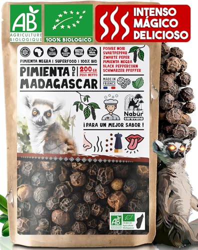 Nabür - 200g Pimienta Negra BIO de Madagascar | Grano Prima Entero | Nota amaderada, Animal y floral