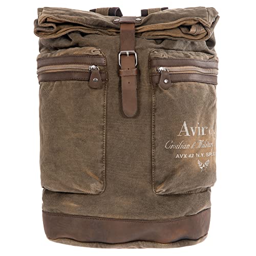 Avirex Mochila para hombre con correas ajustables, bolsa de lona y piel de vacuno envejecida, con amplios bolsillos delanteros, de estilo militar, colección 140506 CNV0B, Kaki Green, L, Vintage