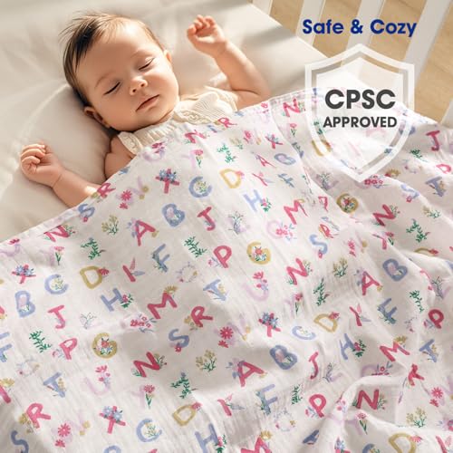 Image of david's kids 4 Pack Baby Muslin Swaddle Blankets, 100% Cotton and Ultra Soft Breathable Receiving Blanket Wrap for Girls, New Born Essentials, Large 47 x 47 inches, Letters