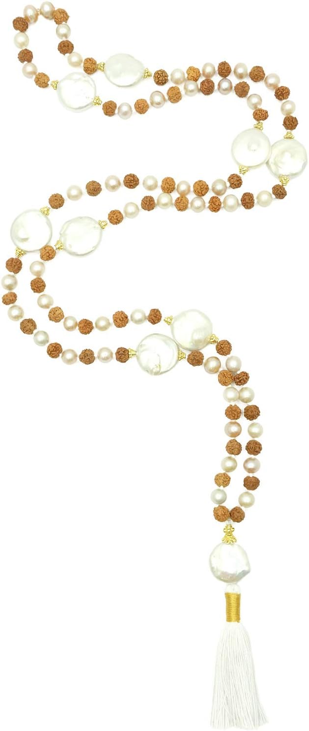 Mala Rudraksha Freshwater Pearl 108 Beads with 22k Goldplated Sterling Silver Beads