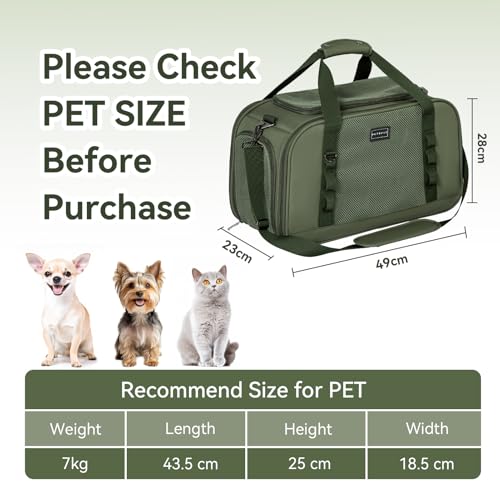 Petsfit Transportbox Katze Flugzeug Transporttasche Katze Hund mit Decke Hundetasche stabil & atmungsaktiv, hochwertige Matertial mit Trolley-Hülse Olivgrün(49x23x28 cm)