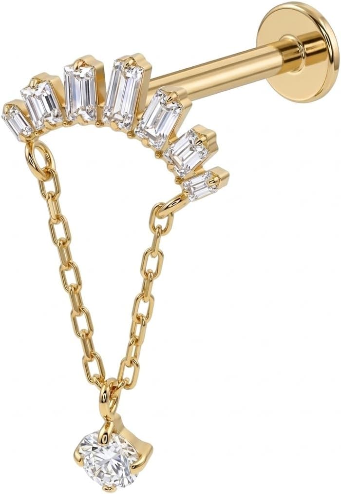 G23 Grade Titanium Fan Arc and Round Cz Stones with Double Chain Dangling Threadless Tragus Labret Piercing Jewelry