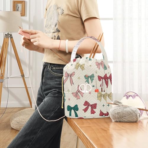 Image of ElliTarr Crochet Bag Yarn Bag with Handle Portable Knitting Project Bag Travel Yarn Storage Organizer Holder Case Bows and Stars Beige