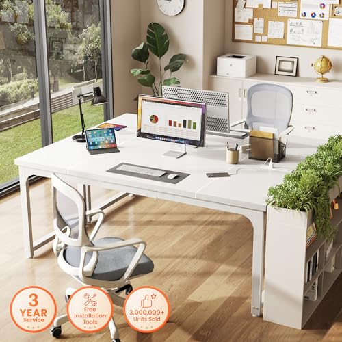 Image of Huuger 63 x 24 inch Desk with Power Outlets & USB-C, Deeper & Thicker Desktop, Robust Metal Tubes, Computer Desk, Heavy Duty Office Desk, Work Gaming Desk, for Home Office, White