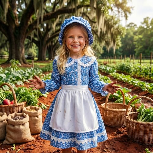 Disfraz de niña pionera con vestido y delantal azul miniatura 2