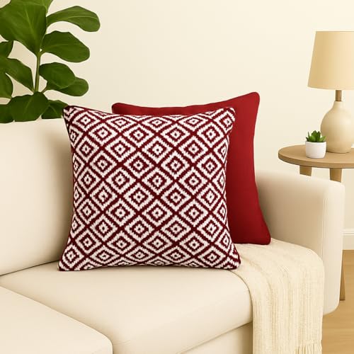 Image of Reversible 20x20 Maroon Cotton Argyle Woven Pack of 1 Fashion Throw Pillow Covers Cases for Couch Sofa Home Decoration | 50 x 50 cm