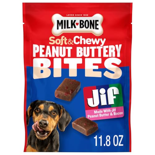 Image of Milk-Bone Soft & Chewy Peanut Buttery Bites, 11.8 Oz. Bag | Soft dog treats with Jif peanut butter & real bacon
