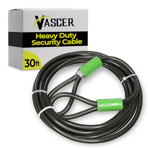 Vascer Heavy Duty Security Cable with Loops - 30 Feet (3/8') Bike Cable Lock Cut Resistant with Braided Steel and Vinyl Coating -Security Chain Lock for Bicycle, Boat, Ladder, Gate, Mower & Equipment